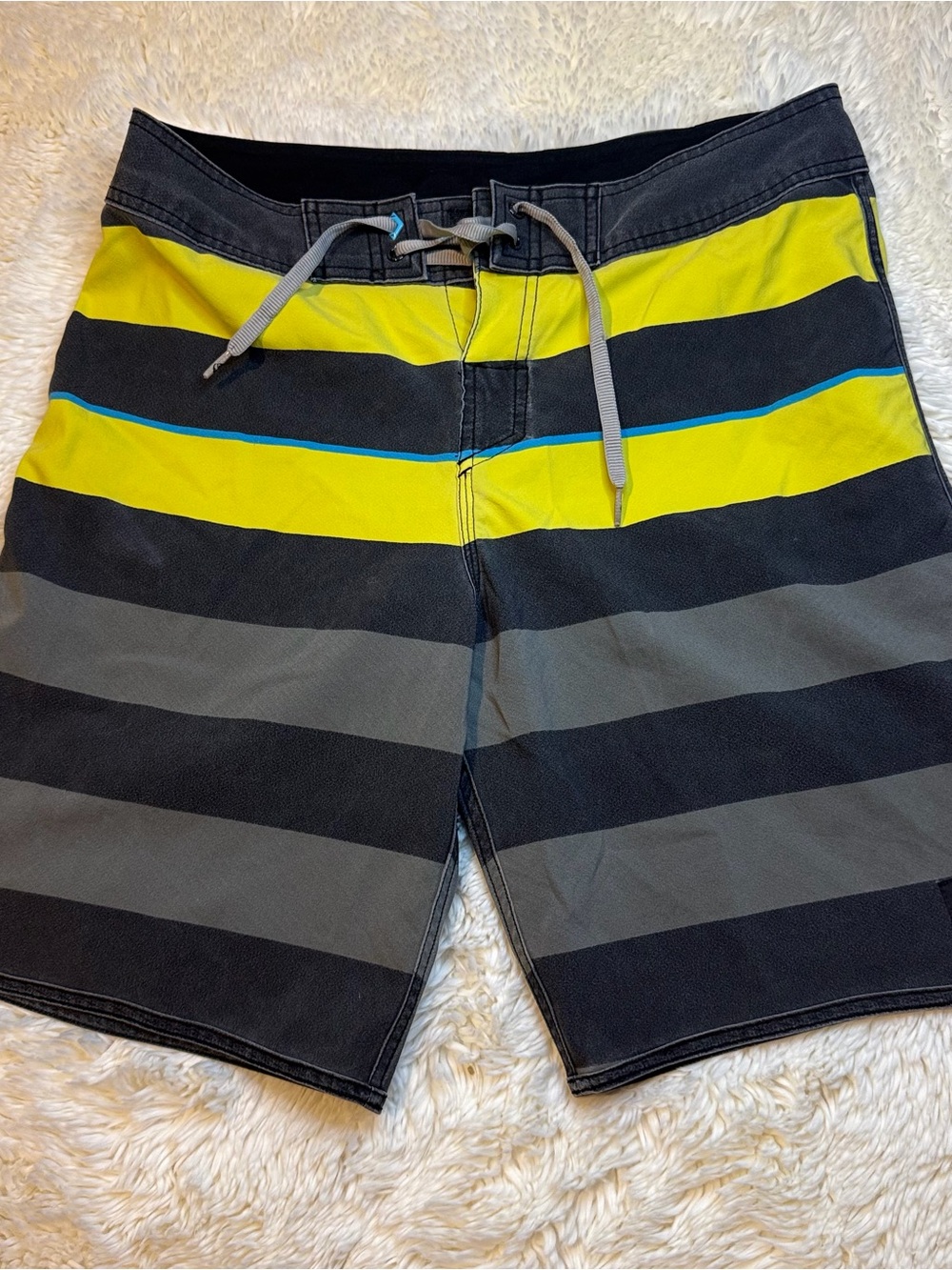 Quiksilver Men's 32” waist Black/Yellow/Blue Striped Board Shorts 9” inseam